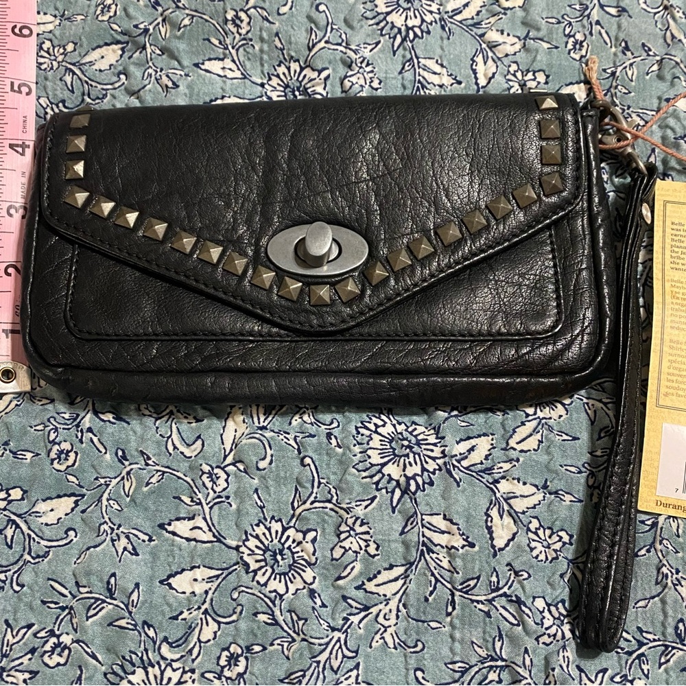 Durango Black Leather Stud-Trim Wristlet Clutch